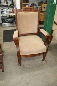 lot 718 image: Hand Carved Linen Upholstered Wood Dining Arm Chair on wheels circa 1800s