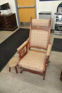 lot 719 image: Linen Upholstered Wood Platform Rocker  with Foot Stool circa 1800s