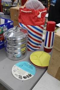 lot 771 image: Picnic Food Tote and Picnic Accessories  with Metal Food Containers, Plastic Plates, Thermos
