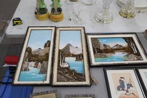 lot 777 image: Lot of (3) Woo Oriental River Valley Wall Art with Wood and Natural Material Inlays