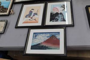lot 779 image: Lot of (3) Oriental Theme Multi-Color Wall Art in Frame with Matte and Glass