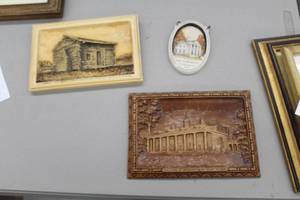 lot 787 image: Lot of (3) Wall Art  - The Log Cabin Birthplace of Abraham Lincoln Rock Spring Farm Kentucky, The White House Washington D.C., The Home of Washington At Mount Vernon