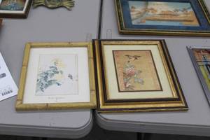 lot 788 image: Lot of (2) Wall Art in Frame with Matte  - The Yellow Chrysanthemums by Lee, Bird with Flower