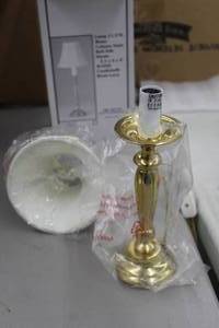 lot 830 image: Brass Column Style Table Lamp (in box)  with Bell Silk White Shade