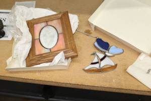 lot 961 image: Lot of (3) Stained Glass Dcor  - Ship, Window, Butterfly
