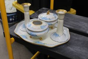 lot 965 image: T&V China Serving Set  with Candleholders (x2), Pot, Pot with lid, Serving Tray