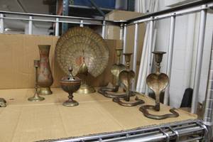 lot 910 image: Lot of (7) Brass Dcor  - Snake Candlesticks, Peacock, Candleholder, Vase, Urn