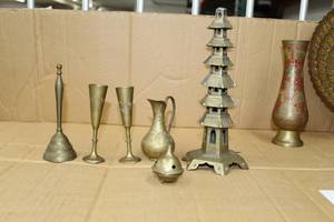 lot 911 image: Lot of (6) Brass Dcor  - Temple, Pitcher, Champagne Flutes, Bell, Pot