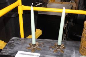 lot 957 image: Lot of (2) Brass Flower Candleholders w Light Green Taper Candle