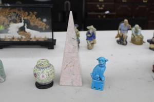 lot 896 image: Lot of (3) Figurines  - Pyramid, Bowl with Lid, Blue Gargoyle