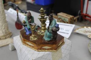 lot 904 image: Oriental Men Ceramic Figurine with Brass Incense Burner