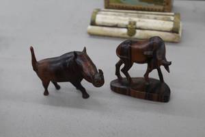 lot 906 image: Lot of (2) Wood Animal Figurines  - Wart Hog, Bull