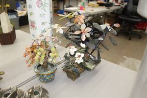 lot 951 image: Lot of (3) SoapstoneJadeCeramic Floral Displays