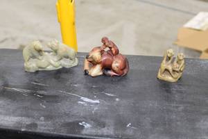 lot 923 image: Lot of (3) Soap Stone Table Figurines  - Pigs, Monkey on a Bull, Two Monkeys