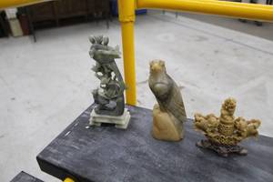 lot 921 image: Lot of (2) Soap Stone Table Figurines  - Birds in a Tree, Hawk on a Rock