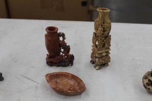 lot 937 image: Lot of (3) Soapstone Vases with Floral Accents Table Dcor, Small Bowl