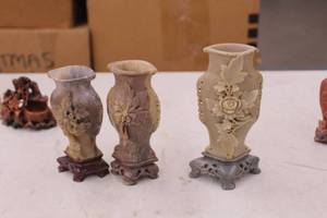 lot 936 image: Lot of (3) Soapstone Vases with Floral Accents Table Dcor