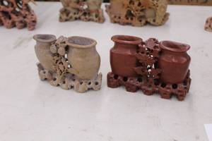 lot 934 image: Lot of (2) Soapstone Vases with Floral Accents Table Dcor