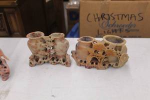 lot 933 image: Lot of (2) Soapstone Vases with Floral Accents Table Dcor
