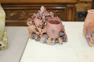 lot 931 image: Soapstone Vase with Floral Accents Table Dcor