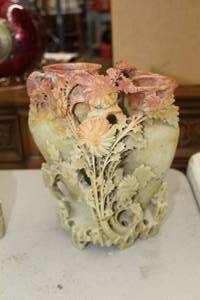 lot 930 image: Soapstone Vases with Floral Accents Table Dcor