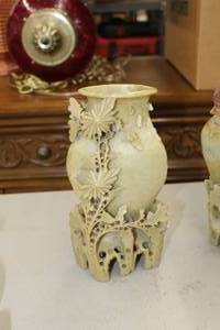 lot 929 image: Soapstone Vase with Floral Accents Table Dcor