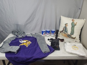 lot 38 image: MN Vikings Nike Sweatshirt, New SkiDoo Shirt, and Collectibles