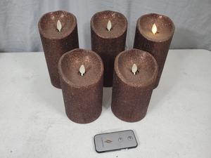 lot 80 image: 5 Brown Glitter Luminara Pillar Candles with Universal Remote