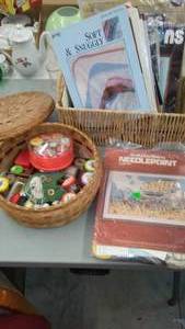 lot 35 image: Sewing box & needlework patterns.
