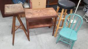 lot 602 image: Stool, table, plant stand, a mini chair and floor lamp.