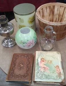 lot 603 image: Metal lantern, globe, photo albums, Speas glass jug & more
