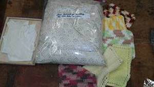 lot 609 image: Large Crocheted Tablecloth and more.