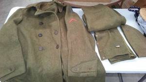 lot 262 image: WWI Uniform. Overcoat, Pants, and hat.