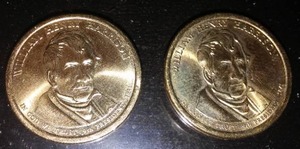 lot 22J image: 2 William Henry Harrison one dollar coins.