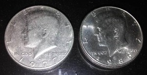 lot 240C image: 2 Kennedy half dollar coins. 1977 & 1989