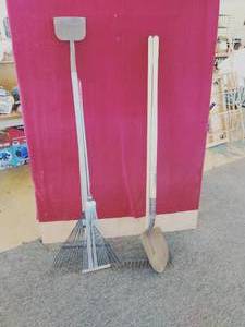 Various Rakes, a Shovel, and Ice Chisels
