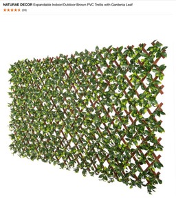 NATURAE DECOR Expandable IndoorOutdoor Brown PVC Trellis with Gardenia Leaf & (3) NATURAE DECOR 60 in. x 96 in. Faux Ivy Leaf IndoorOutdoor Privacy Roll. See Pictures