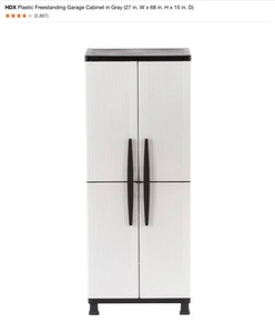 DX Plastic Freestanding Garage Cabinet in Gray (27 in. W x 68 in. H x 15 in. D) & HDX Resin Freestanding Garage Base Cabinet in Light Grey (30 in. W x 36 in. H x 19 in. D). See Pictures