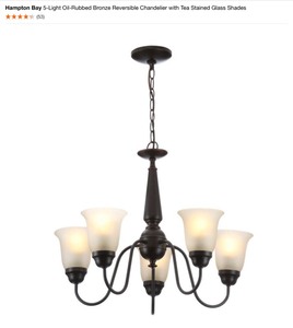 Hampton Bay 5-Light Rustic Iron Chandelier with Antique Ivory Glass Shades. & Hampton Bay 5-Light Oil-Rubbed Bronze Reversible Chandelier with Tea Stained Glass Shades. See Pictures