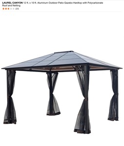 LAUREL CANYON 12 ft. x 10 ft. Aluminum Outdoor Patio Gazebo Hardtop with Polycarbonate Roof and Netting. See Pictures