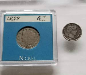 2 US COINS 1899 LIBERTY NICKEL 1901 BARBER DIME