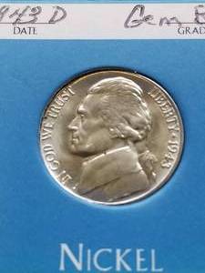 1943-D US WWII WARTIME SILVER NICKEL GEM BU