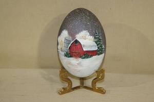 lot 85 image: Hand Painted Ostrich Egg with Stand - Red Barn in Winter