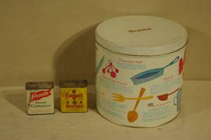 lot 99 image: Vintage Bisquick Tin Container - Frenchs Cinammon, Colmans Mustard