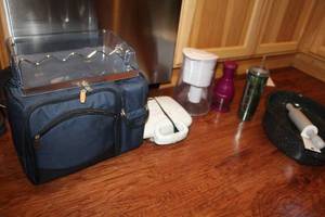 lot 392 image: Kitchenwares  with Roaster Pan, Rolling Pin, Water Pitcher, Toastmaster Belgian Waffle Baker, Carry Bag