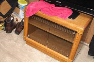 lot 394 image: Wood TV Stand 3-tier with Glass Doors