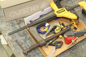 lot 501 image: Lot of (Approximately 8) Clamps (in box)  - Slide Clamps, C-Clamps, Spring Clamps