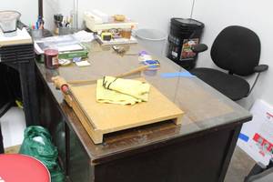 lot 508 image: Wood Office Desk 7-drawer  with Desk Top Protector, Rolling Office Arm Chair