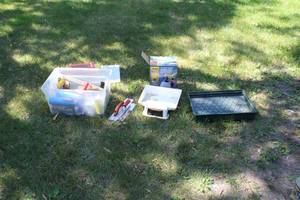 lot 290 image: Paint Supplies  with Wagner Sprayer, Paint Trays, Trowels, Sandpaper, Wrapping Plastic, Brushes, Stir Sticks, WindowDoor Sealant, Misc. Paint Supplies