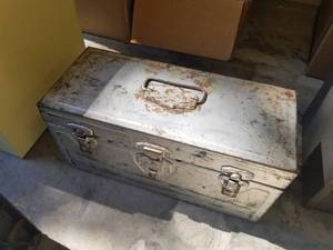 lot 435 image: Metal Tool Box  with Wrenches, Screwdrivers, Scraper, Misc. Tools